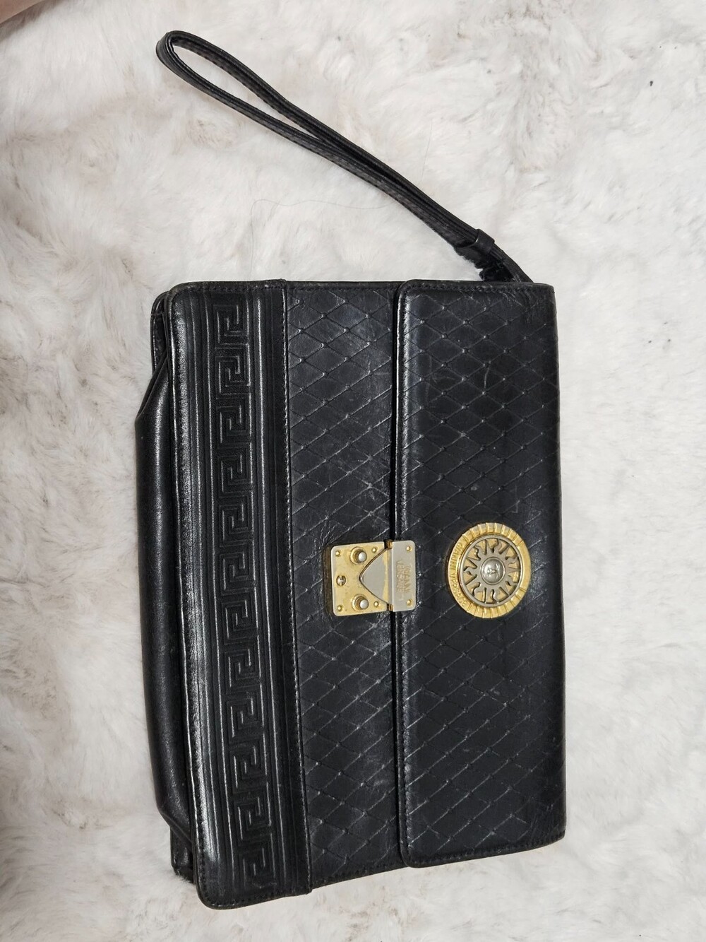 Vintage Gianni Versace Black Leather Clutch Wristlet Sun Medallion Greek Key